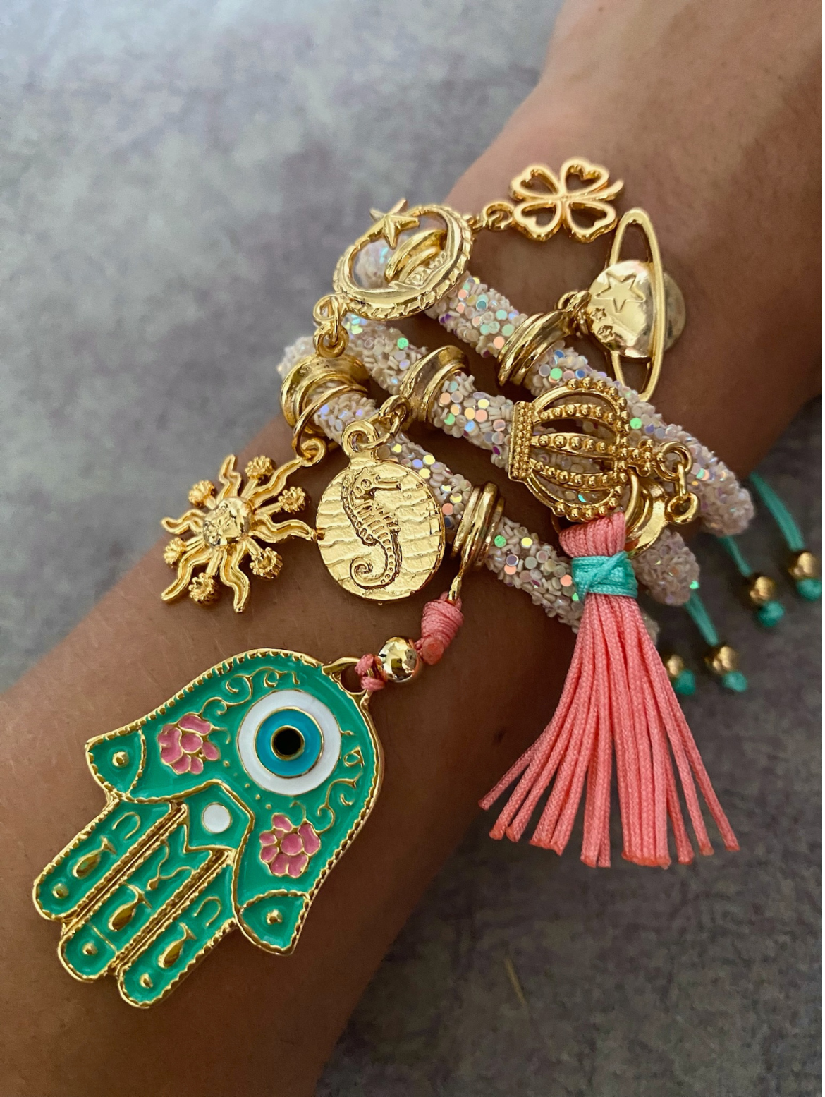 Light Yellow Rhinestones Set with Green Hamsa Hand with Lucky Charms