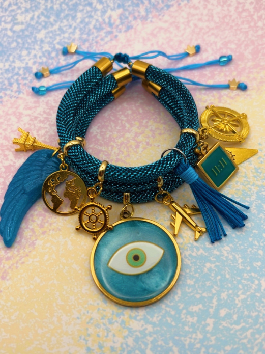 Blue Metallic Cord Multi-Charm Bracelet – Gold Evil Eye, Travel & Protection Symbols