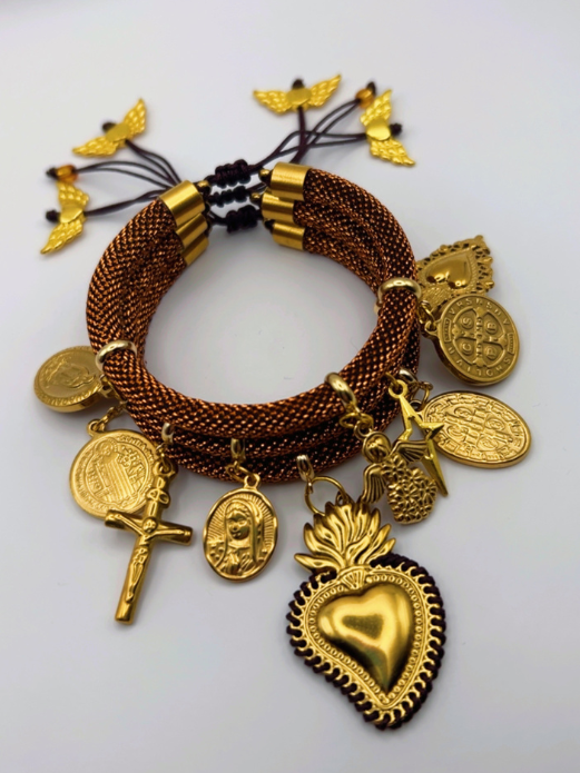 Brown Metallic Cord Multi-Charm Bracelet – Sacred Heart, Medals & Spiritual Symbols