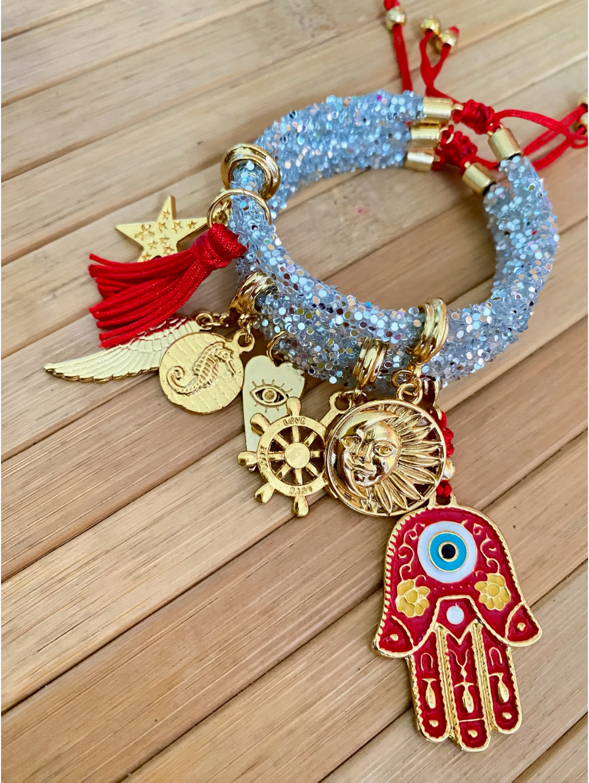 Light Grey Rhinestones Bracelet with Red Evil Eye and Lucky Charms