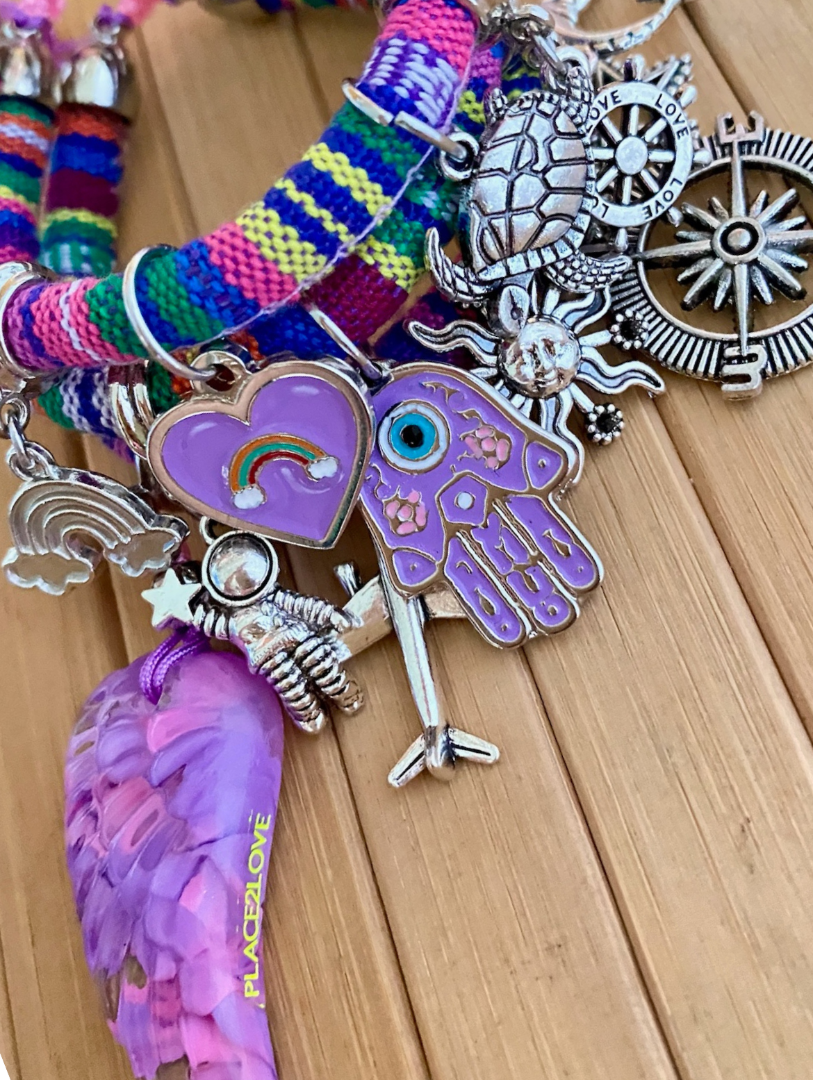 Bohemian Purple Multicoloured Bracelet with Silver Lucky Charms, Purple Wing and Hamsa Hand