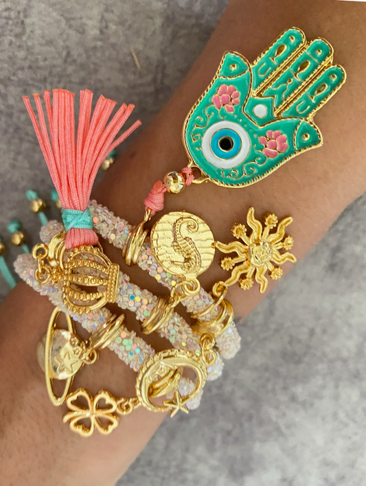 Light Yellow Rhinestones Set with Green Hamsa Hand with Lucky Charms