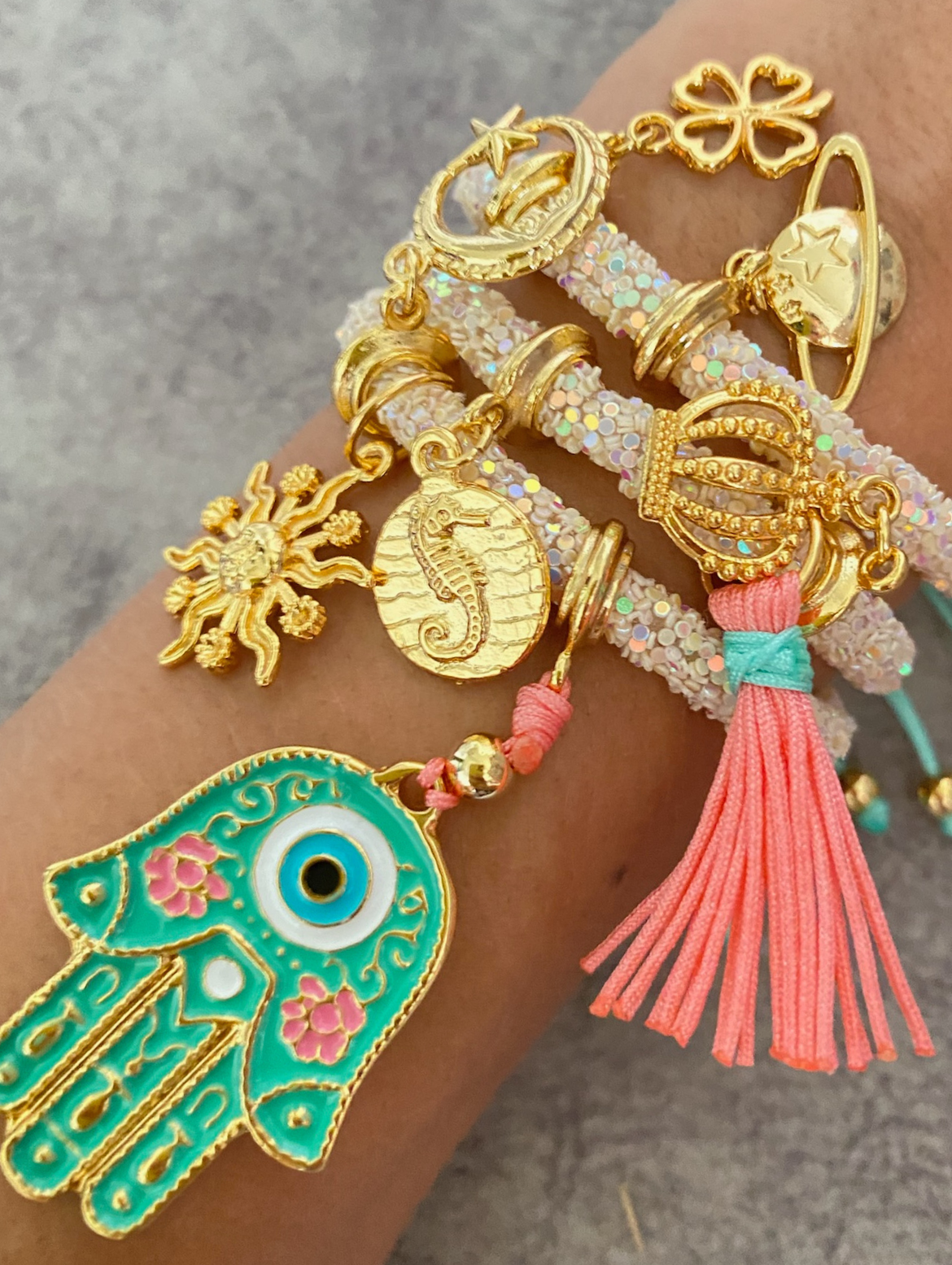 Light Yellow Rhinestones Set with Green Hamsa Hand with Lucky Charms