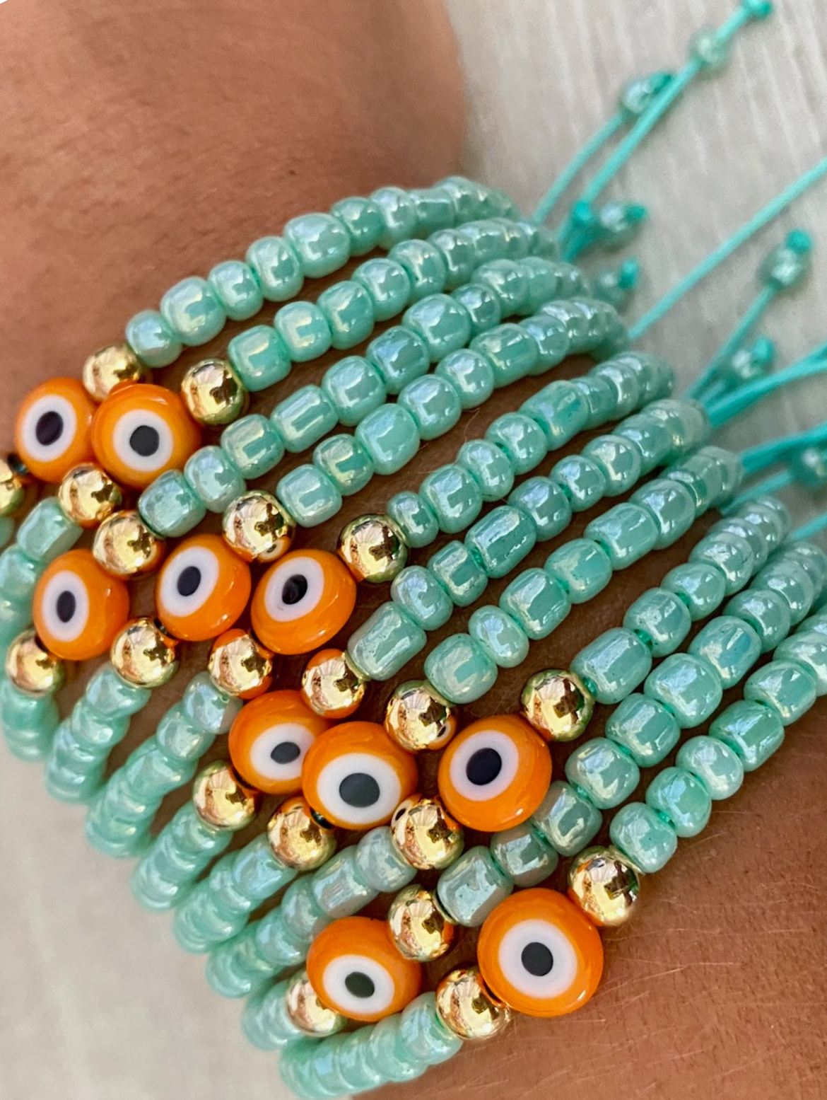 Multi-Strand Mint Green and Orange Evil Eye Beaded Bracelet