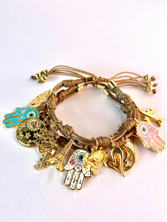 Brown Vibora Bracelet with Mini Hamsa Hands and Lucky Charms