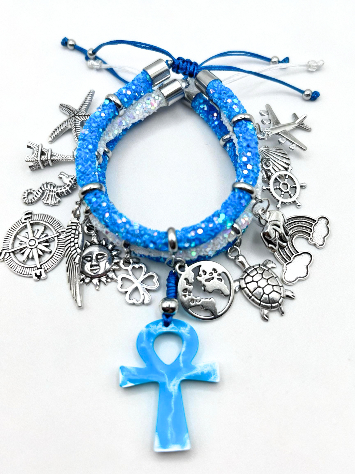 Pulsera de abalorios bohemia azul con cruz Ankh – Pulsera de abalorios ajustable de viaje y espiritual para mujer