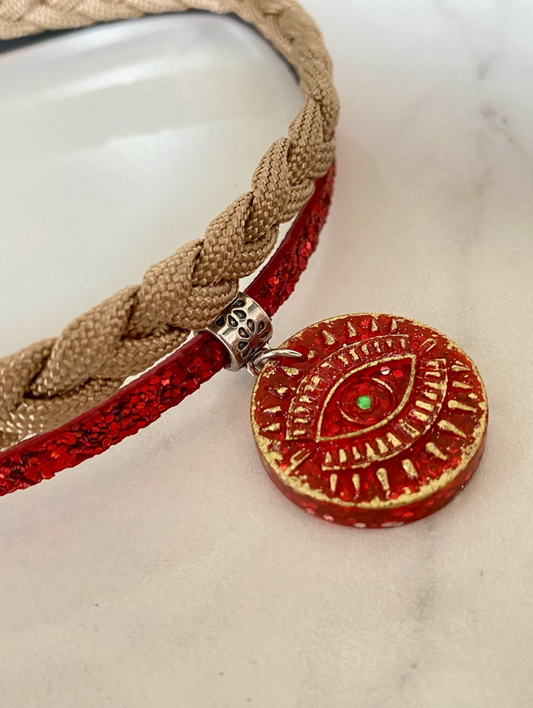 Double Band Choker with Mystic Red Eye Pendant and Sparkling Details.