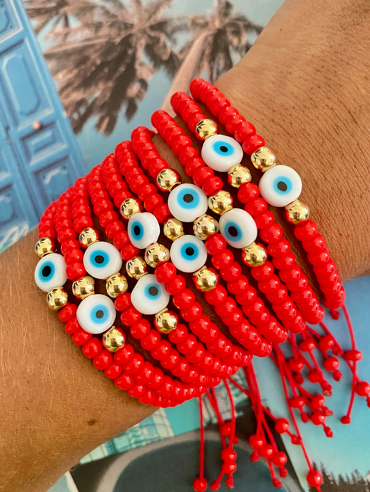 Multi-Strand Red Evil Eye Beaded Bracelet