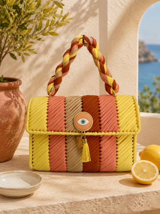 Golden Amalfi handmade boho bag in golden yellow, coral and terracotta woven cords inspired by Amalfi sunsets – IsabellaByShop