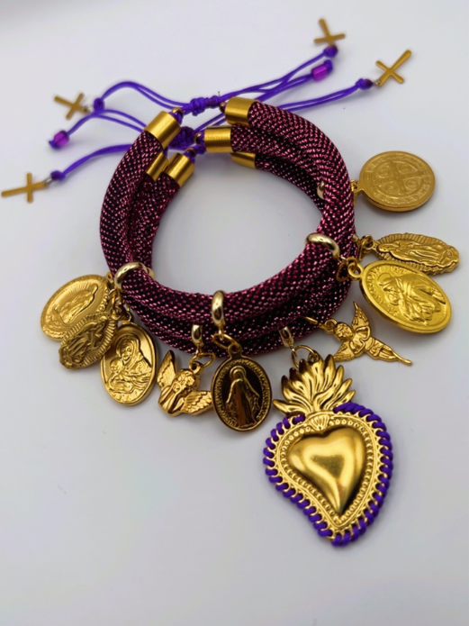 Purple Metallic Cord Multi-Charm Bracelet – Sacred Heart & Gold Religious Medals
