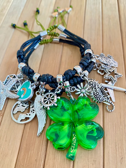 Black Vibora Bracelet Set with Unique Lucky Charms and Neon Green Clover