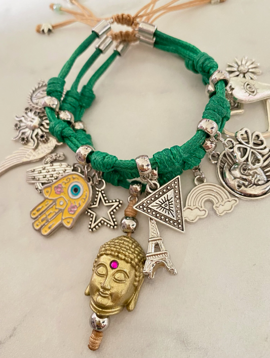 Vibora Green Bracelet Set with Handmade Buddha, Hamsa and Global Charms