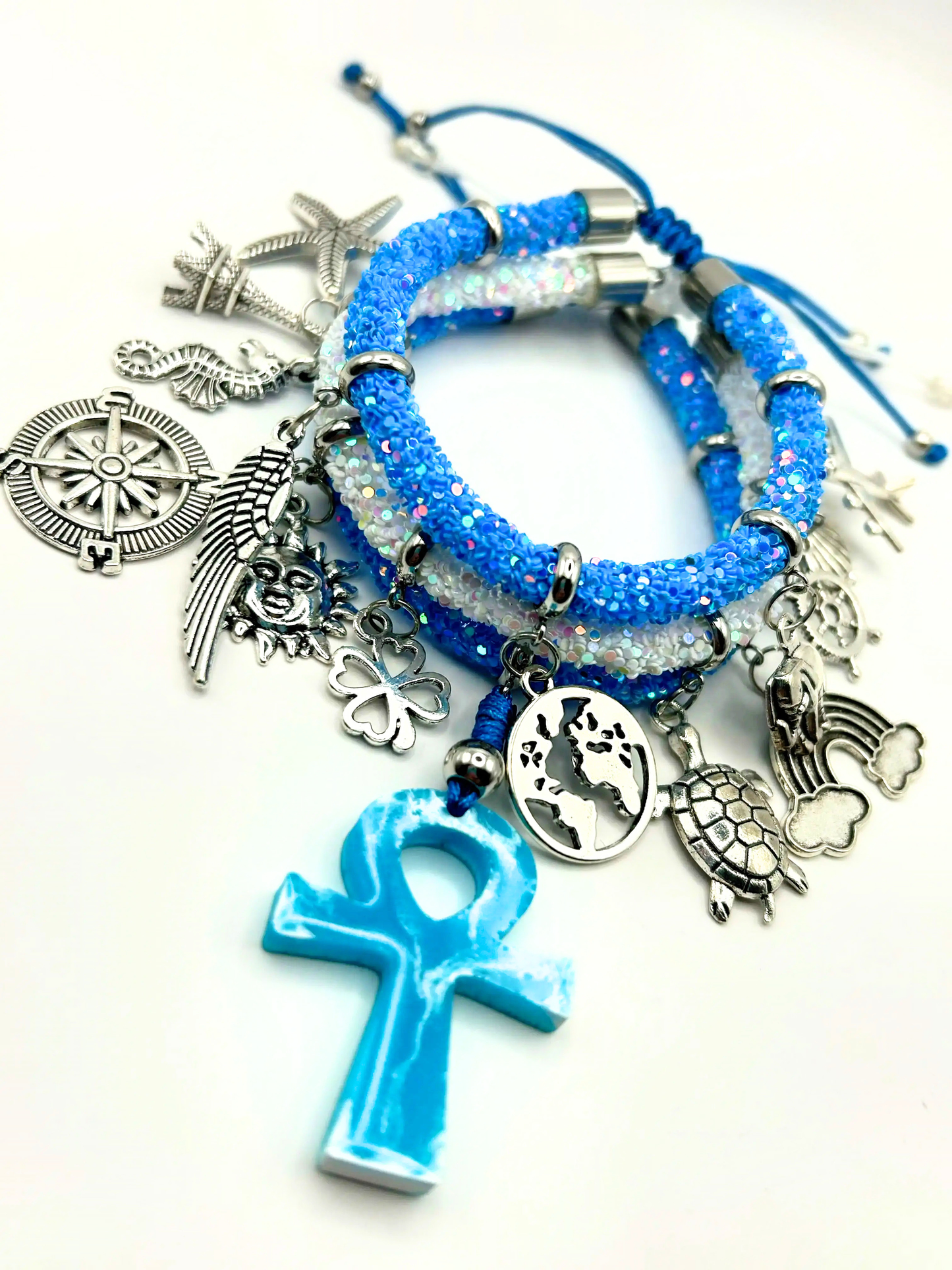 Pulsera de abalorios bohemia azul con cruz Ankh – Pulsera de abalorios ajustable de viaje y espiritual para mujer