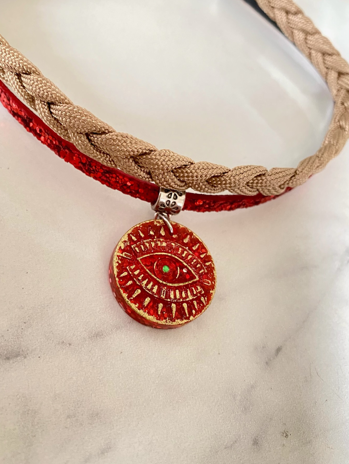 Double Band Choker with Mystic Red Eye Pendant and Sparkling Details.