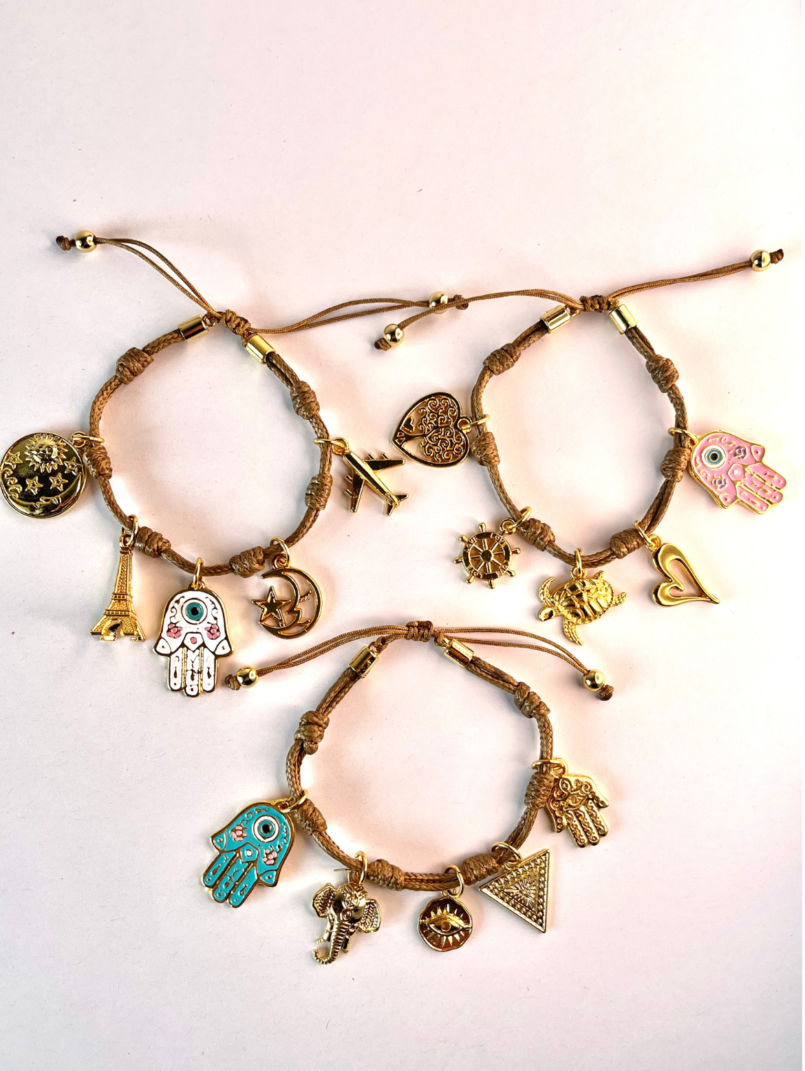 Brown Vibora Bracelet with Mini Hamsa Hands and Lucky Charms