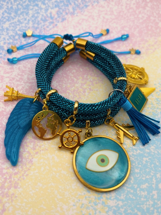 Blue Metallic Cord Multi-Charm Bracelet – Gold Evil Eye, Travel & Protection Symbols