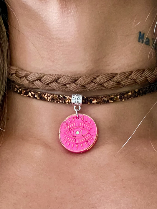 Double Band Choker with Mystic Pink Eye Pendant and Sparkling Details.