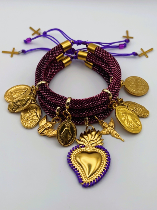Purple Metallic Cord Multi-Charm Bracelet – Sacred Heart & Gold Religious Medals