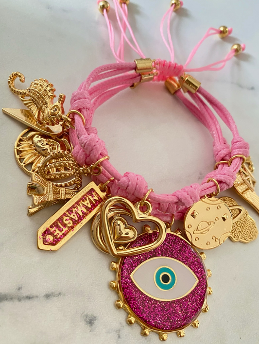 Pink Vibora Bracelet with Dark Pink Evil Eye, Lucky Charms and Gold Accents.