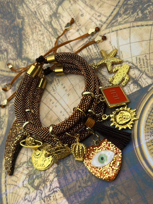 Brown Metallic Cord Multi-Charm Bracelet – Heart Evil Eye, Sun & Nature Symbols