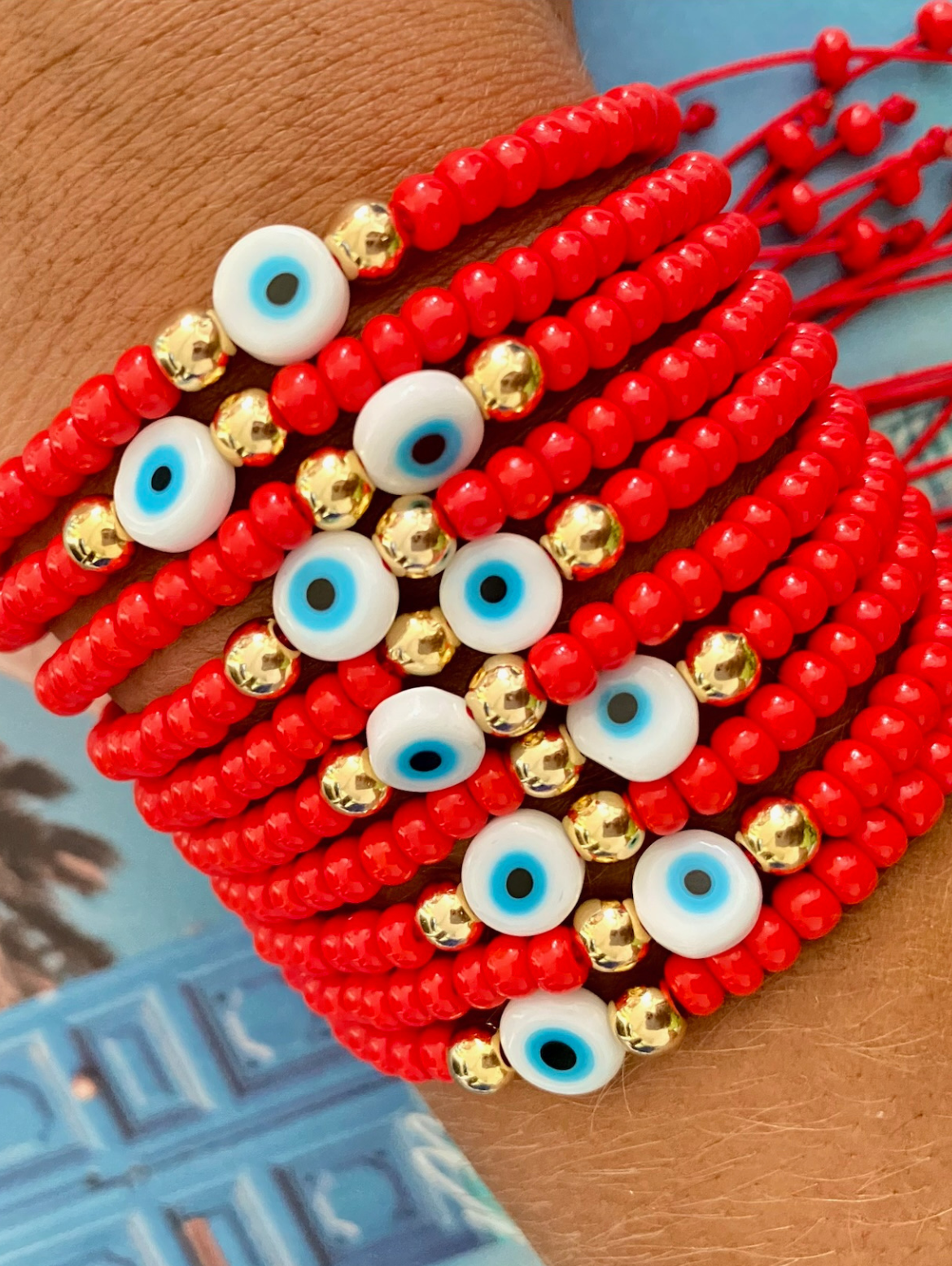 Multi-Strand Red Evil Eye Beaded Bracelet