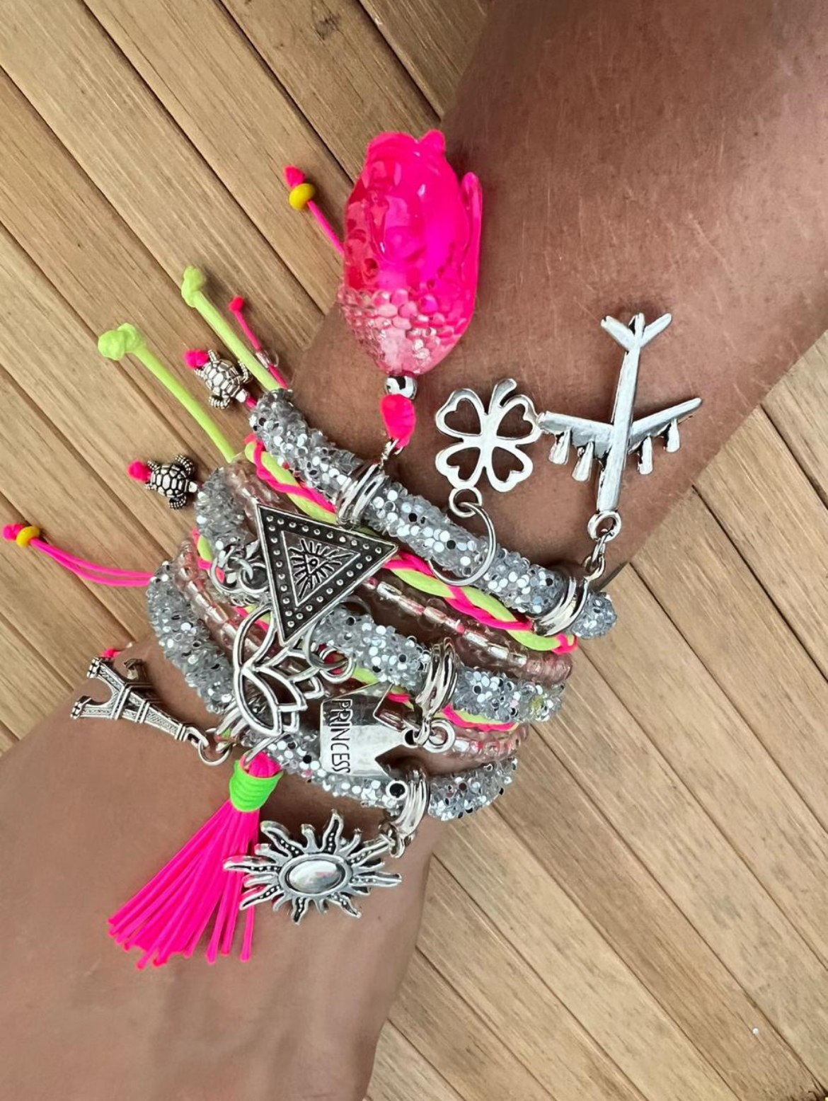 Grey Rhinestones Multilayer Bracelet with Silver Charms