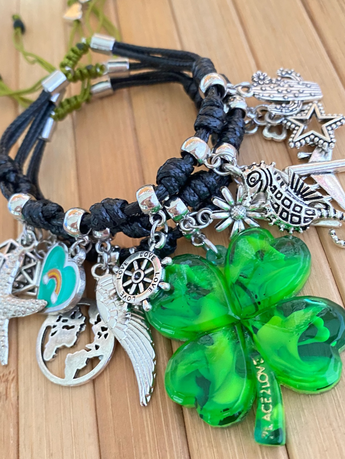 Black Vibora Bracelet Set with Unique Lucky Charms and Neon Green Clover