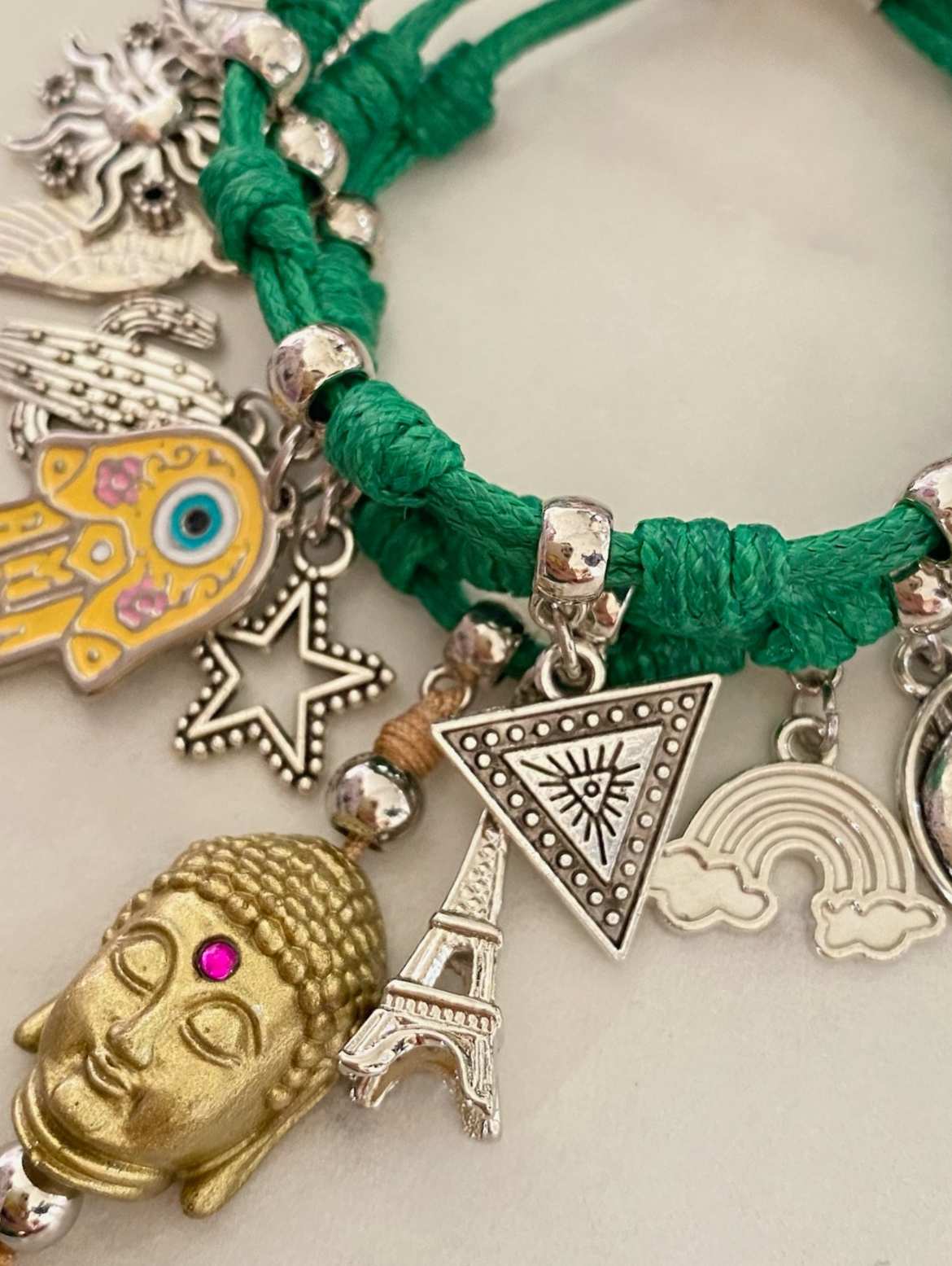 Vibora Green Bracelet Set with Handmade Buddha, Hamsa and Global Charms