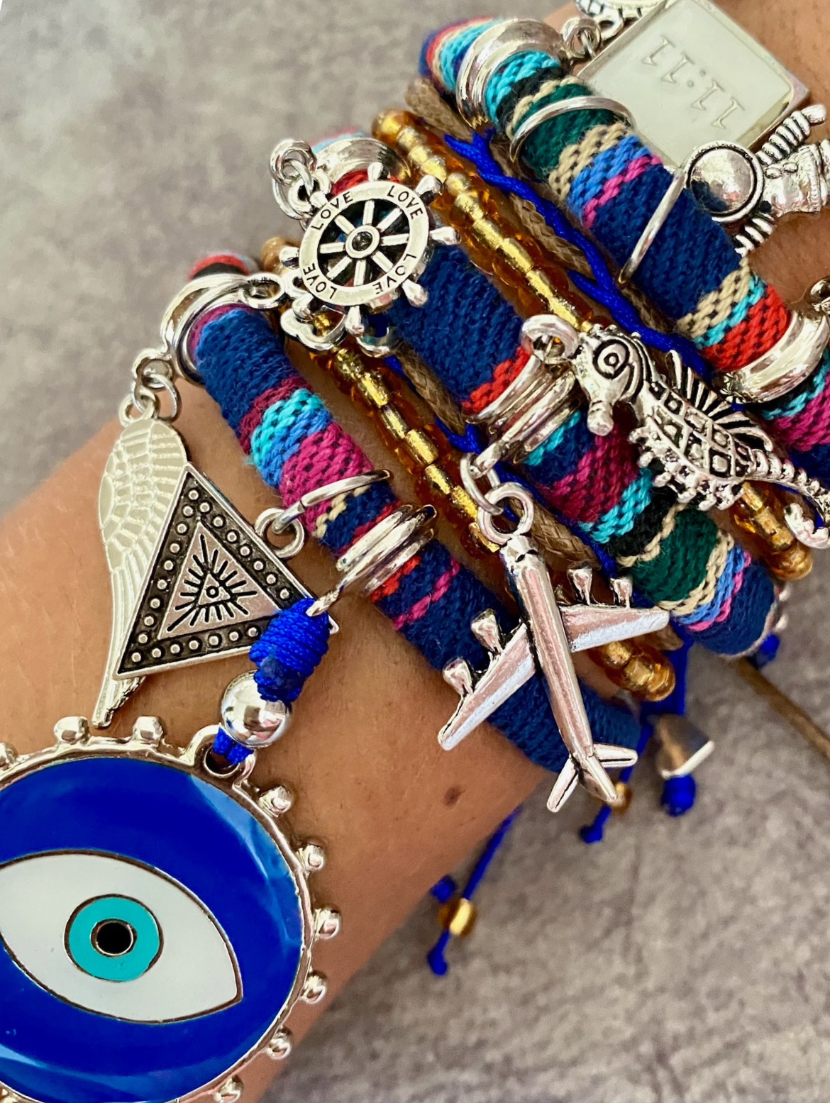 Bohemian Blue Multicoloured Bracelet with Blue Evil Eye and Lucky Charms.