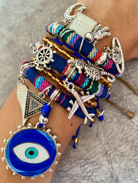 Bohemian Blue Multicoloured Bracelet with Blue Evil Eye and Lucky Charms.