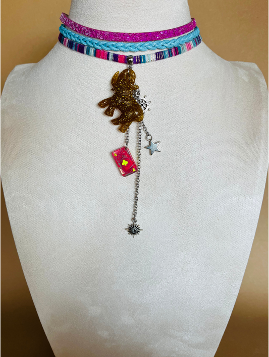 Boho Multicolor Choker Necklace with Gold Glitter Elephant Charm