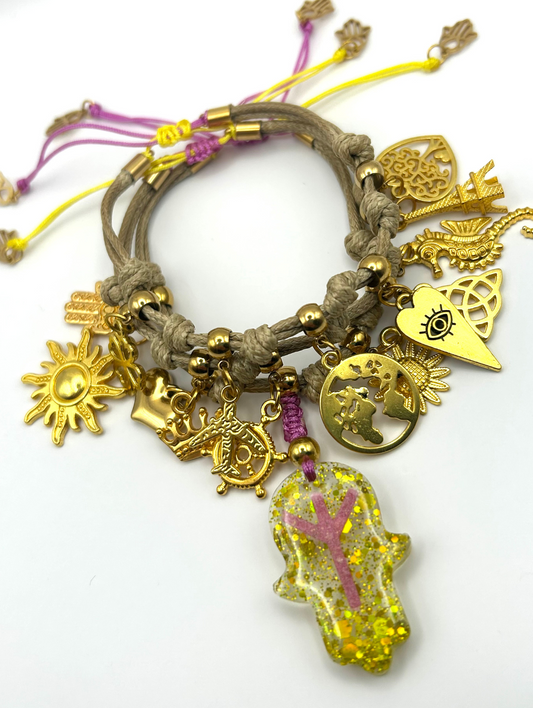 Hamsa Hand Adjustable Bracelet with Gold Charms and Ankh Cross Symbol