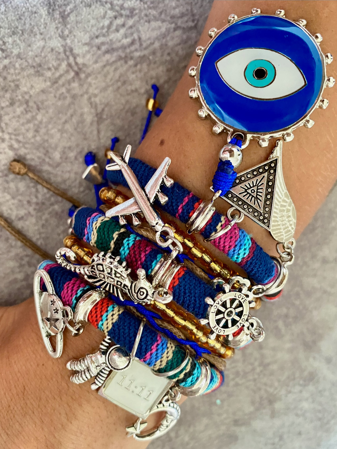 Bohemian Blue Multicoloured Bracelet with Blue Evil Eye and Lucky Charms.