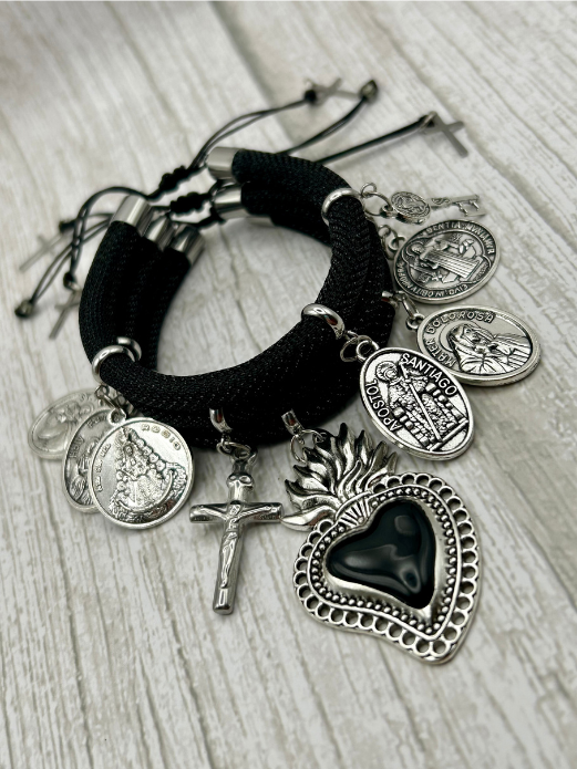 Black Metallic Cord Multi-Charm Bracelet – Sacred Heart, Cross & Religious Medals