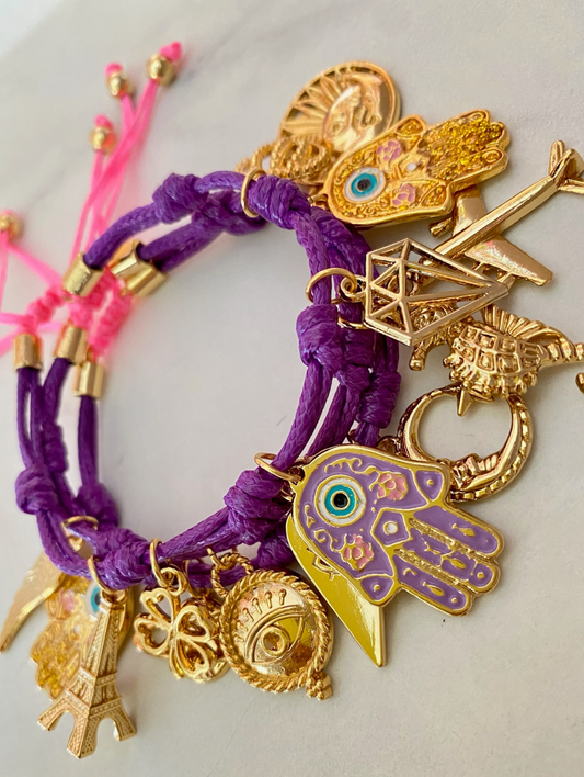 Purple Víbora Cord Bracelet with Mini Hamsa Hand and Lucky Charms