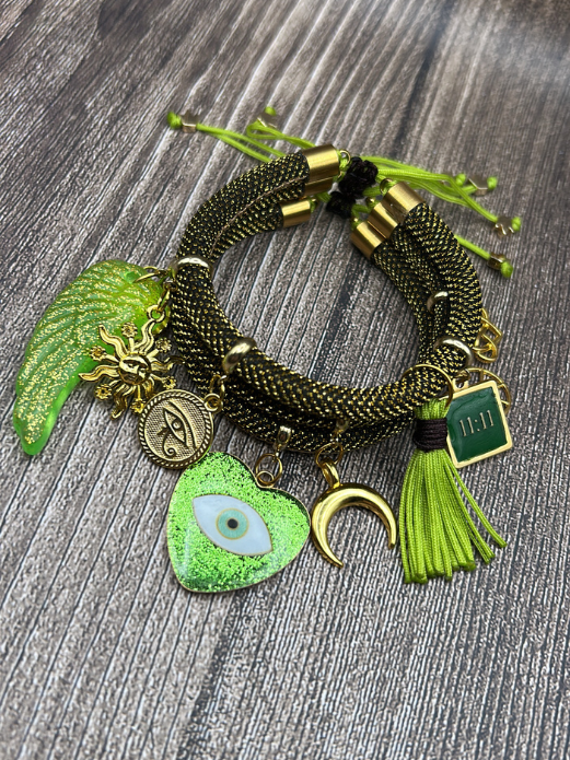 Green Metallic Cord Multi-Charm Bracelet – Heart Evil Eye, Moon & Protection Symbols