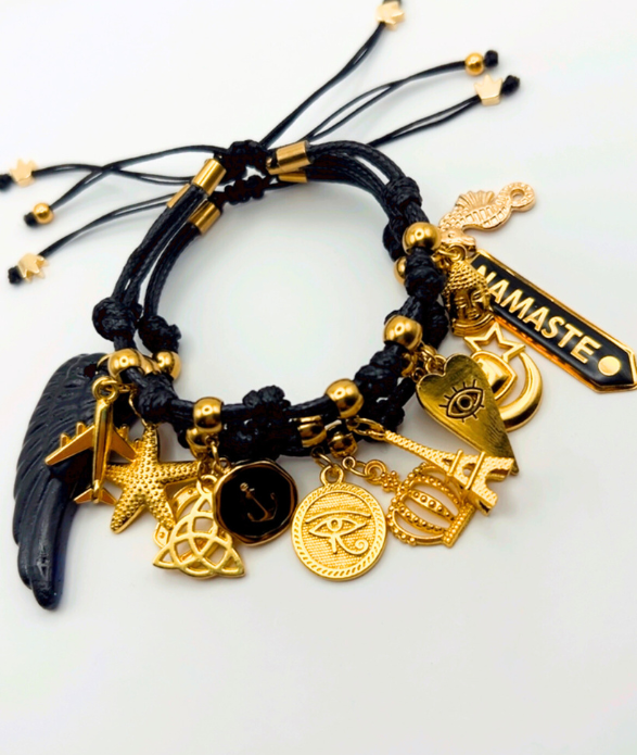 Black Charm Bracelet with Gold Accents & Spiritual Symbols – Adjustable Boho Jewelry