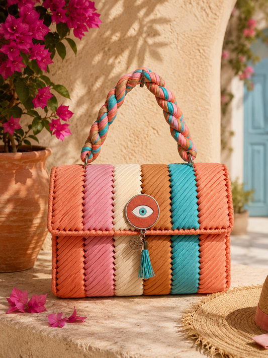 Coral Positano handmade boho bag in coral pink, rose and ivory woven cords inspired by Positano sunsets – IsabellaByShop