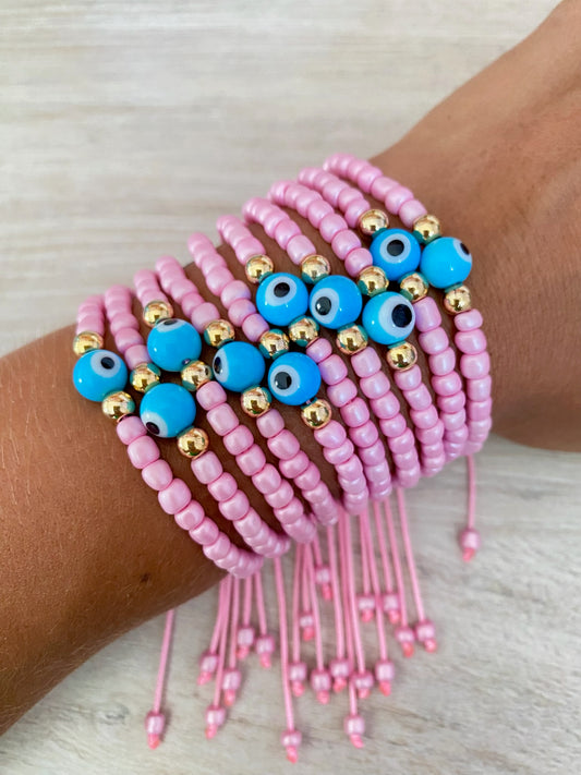 Handmade Pink and Turquoise Evil Eye Beaded Bracelet