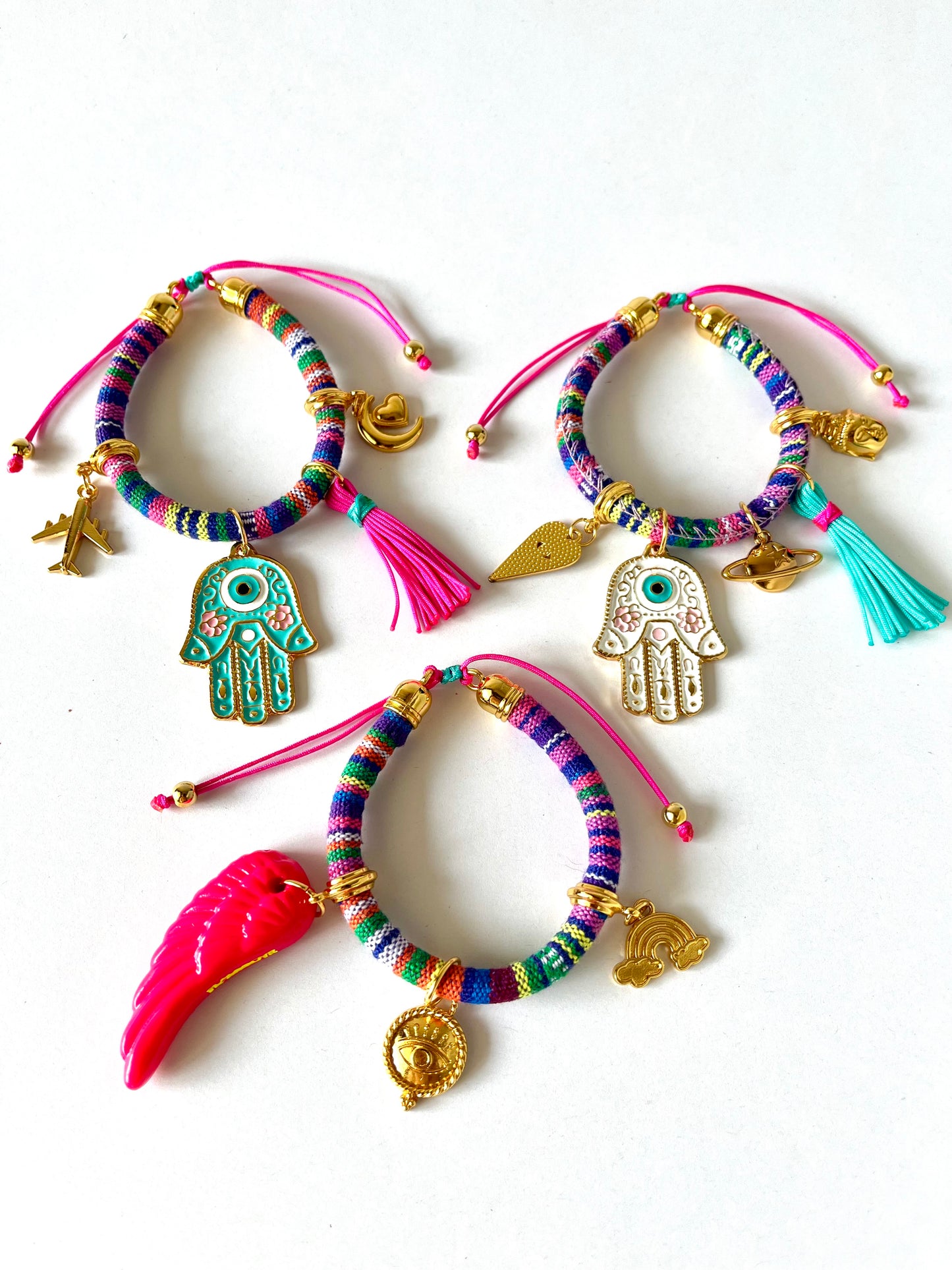 Bohemian Multicoloured Bracelet with Turquoise/White Hamsa Hand Charms and Pink Wing