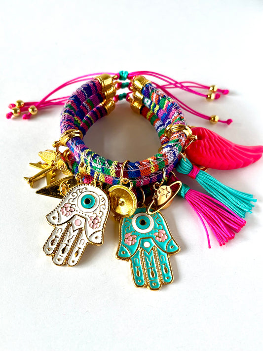 Bohemian Multicoloured Bracelet with Turquoise/White Hamsa Hand Charms and Pink Wing