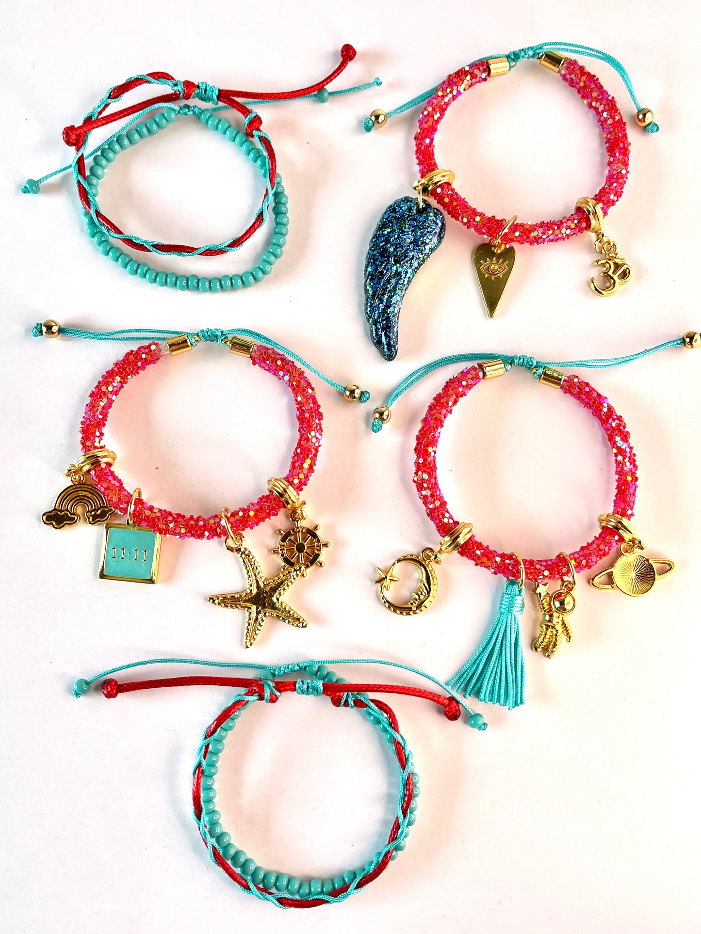 Red Rhinestones Bracelet with Turquoise Beads Cords, Lucky Charms and Neon Blue Wing