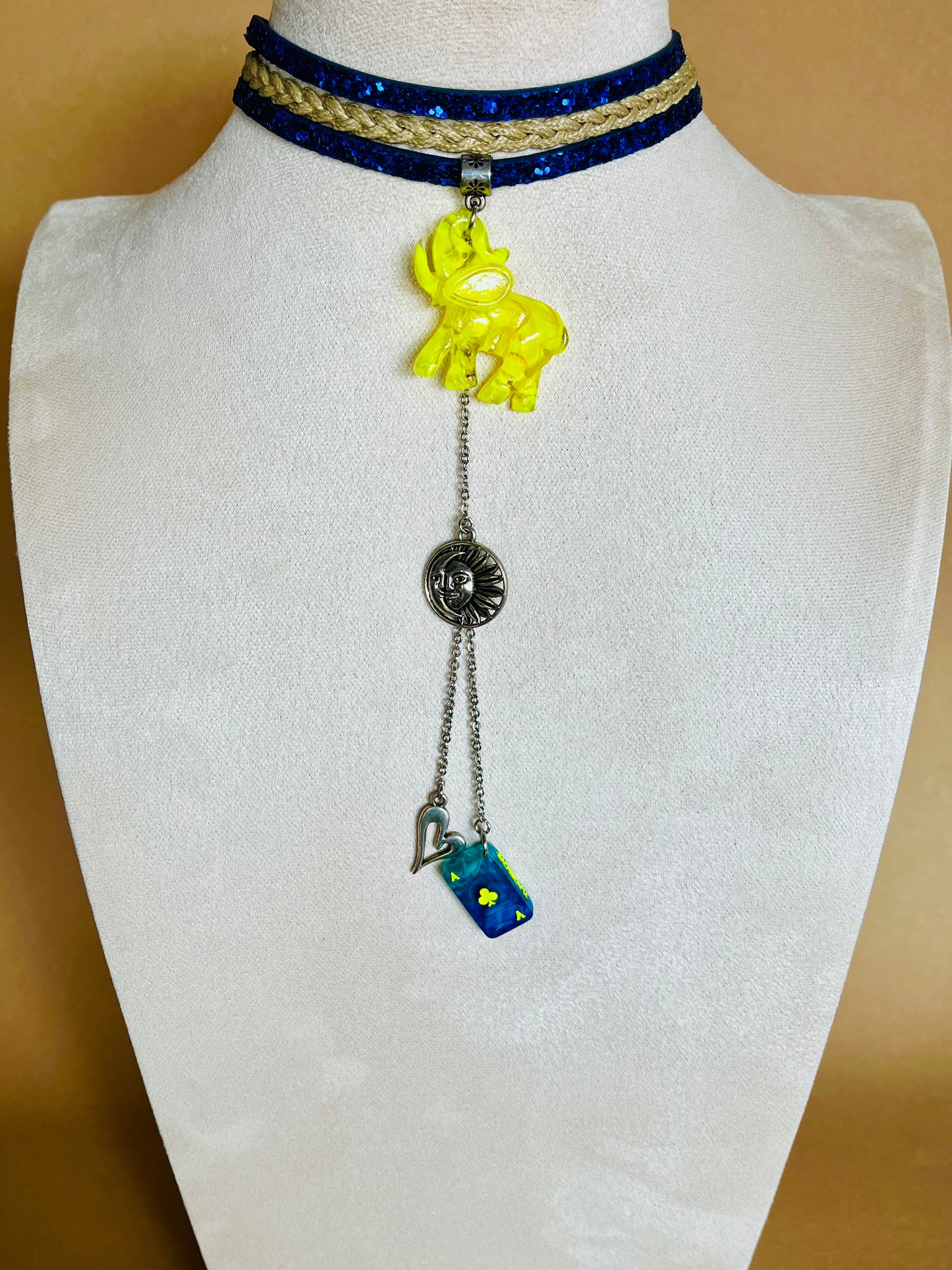 Boho Chic Blue and Yellow Elephant Charm Choker Necklace