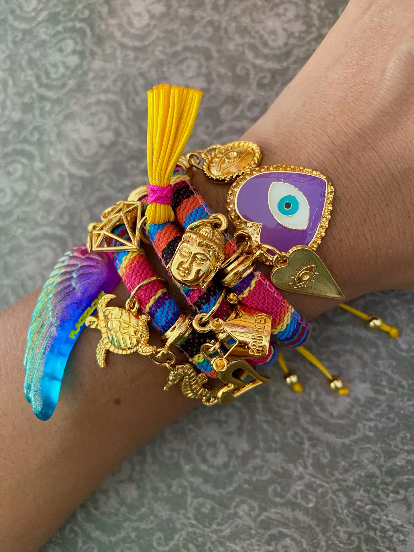 Bohemian Multicoloured Bracelet with Purple Heart Evil Eye Charm and Blue Wing