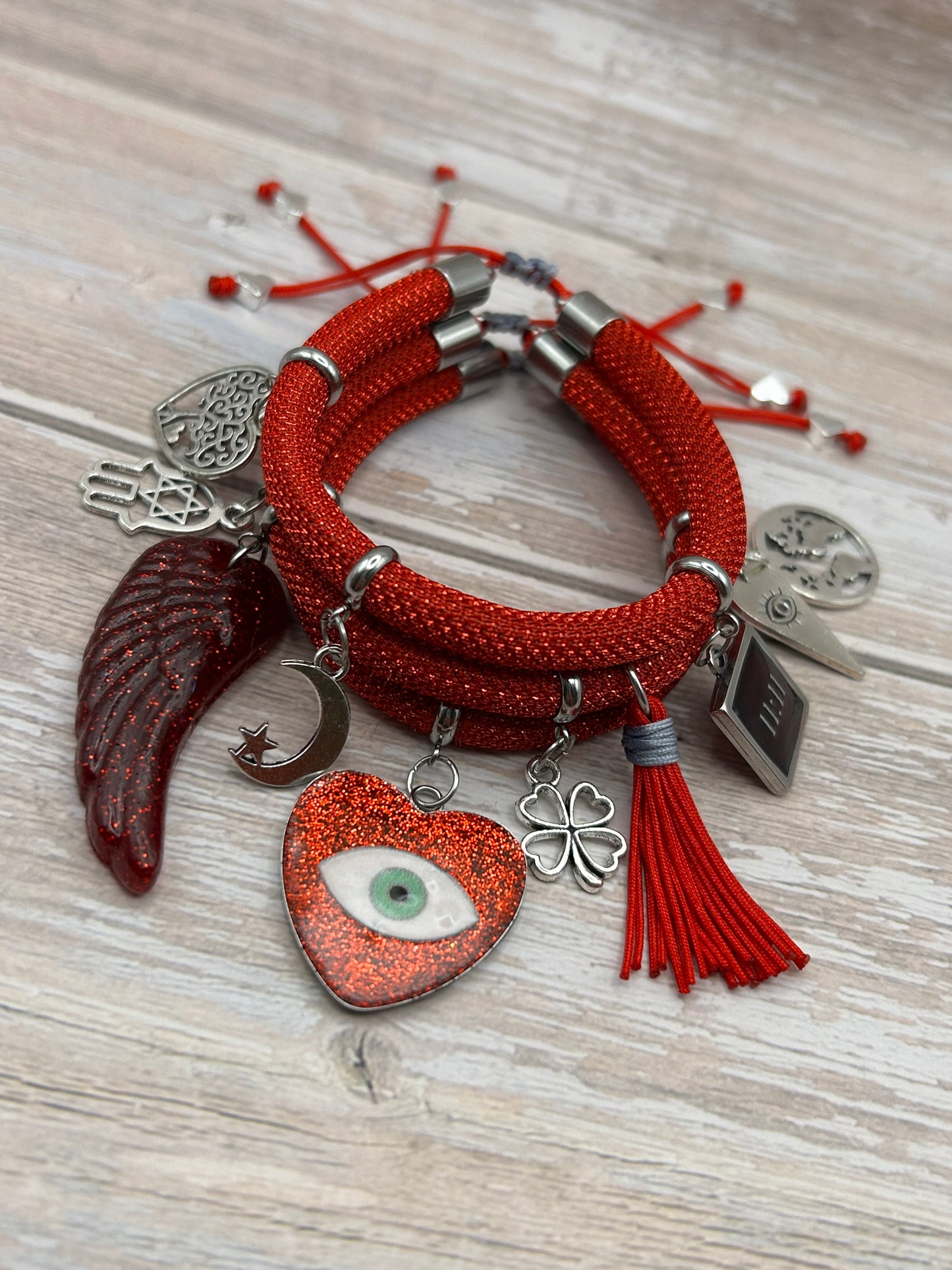 Red Metallic Cord Multi-Charm Bracelet – Heart Evil Eye, Moon & Good-Luck Symbols