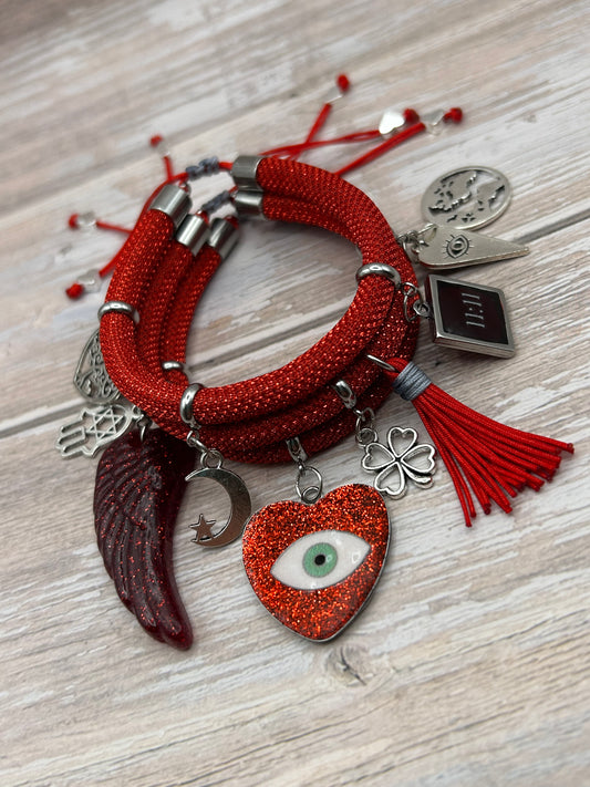 Red Metallic Cord Multi-Charm Bracelet – Heart Evil Eye, Moon & Good-Luck Symbols