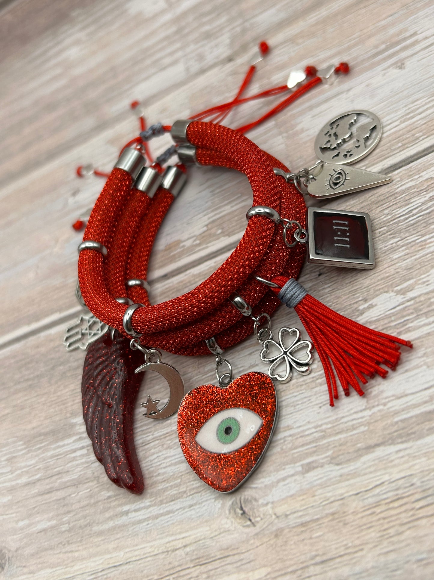 Red Metallic Cord Multi-Charm Bracelet – Heart Evil Eye, Moon & Good-Luck Symbols