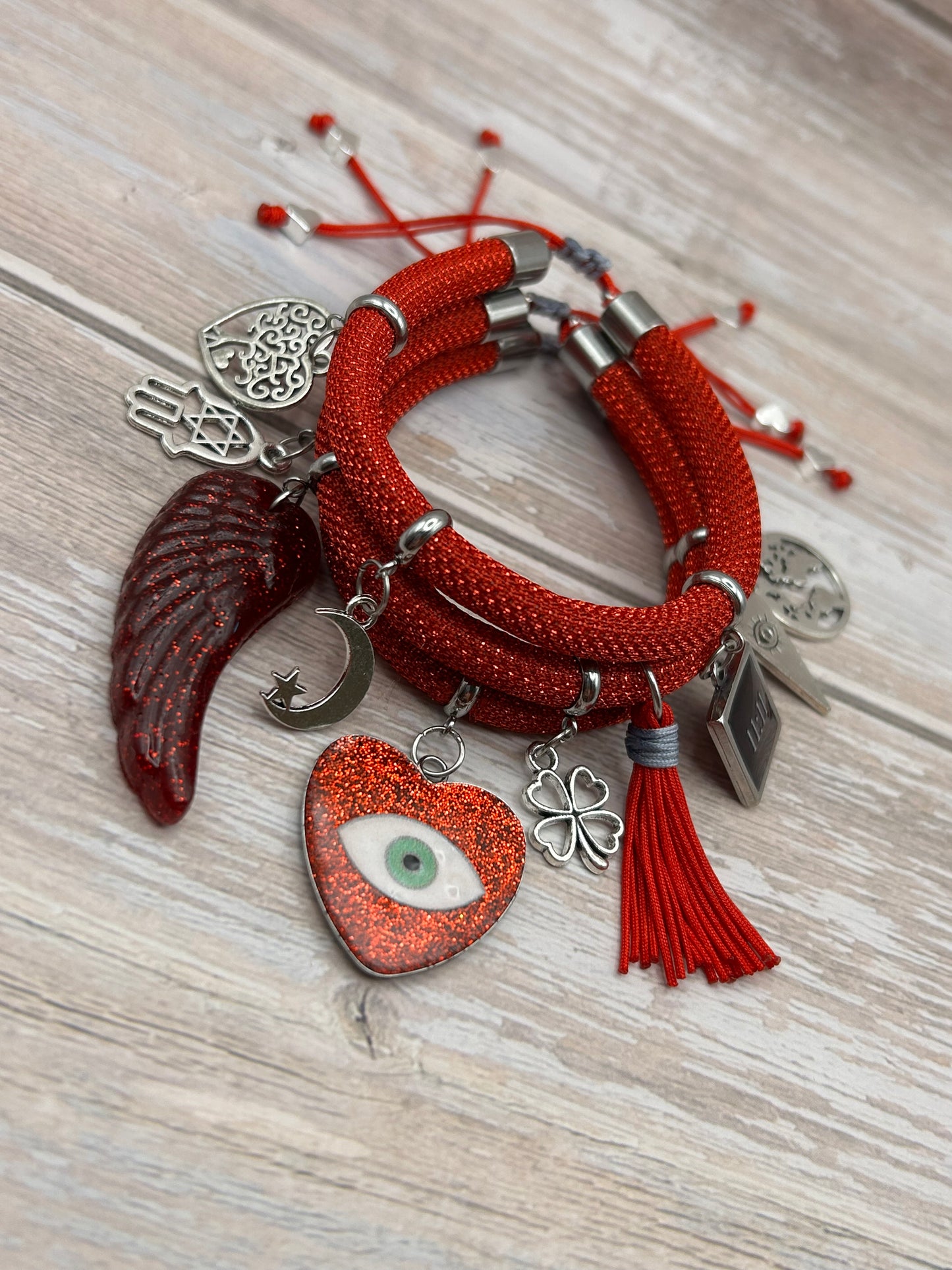 Red Metallic Cord Multi-Charm Bracelet – Heart Evil Eye, Moon & Good-Luck Symbols