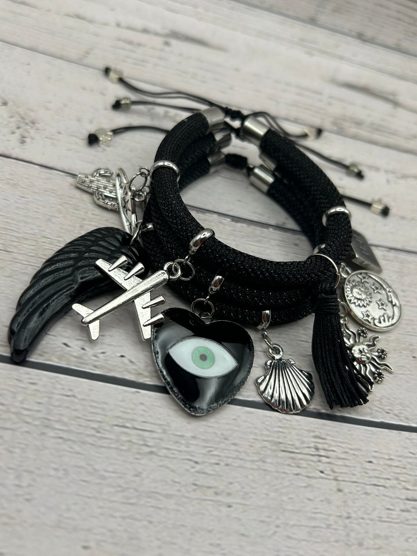 Black Metallic Cord Multi-Charm Adjustable Bracelet – Evil Eye, Travel & Protection Symbols
