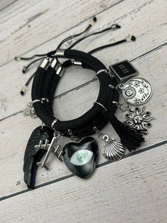 Black Metallic Cord Multi-Charm Adjustable Bracelet – Evil Eye, Travel & Protection Symbols